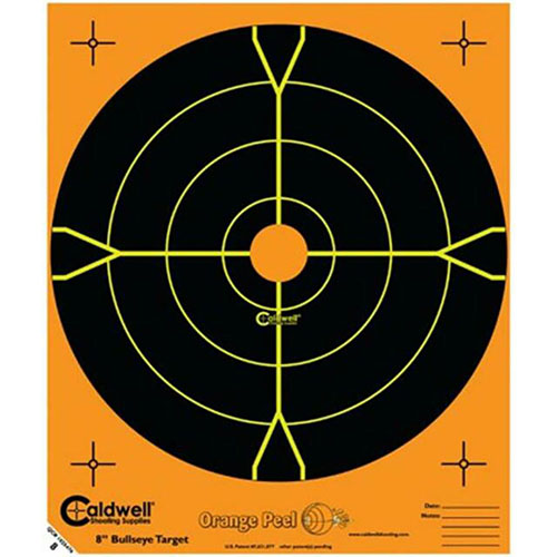 Caldwell Orange Peel Targets feature dual color flake off technology for instant hit visibility, adhesive backing for easy use, and included pasters for repairs.